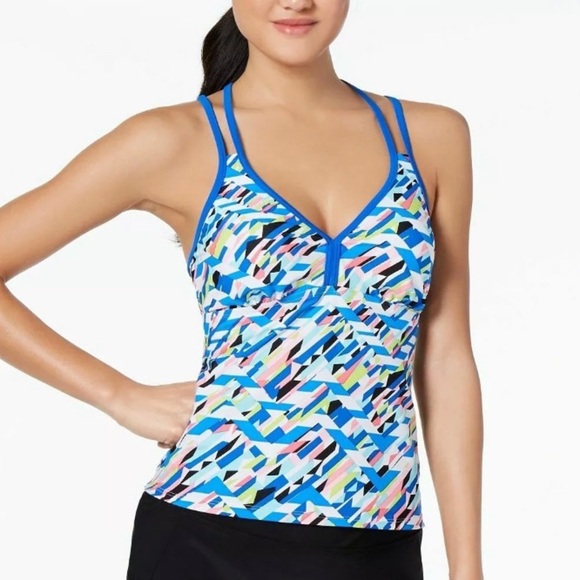 NWT Go Gossip Tankini Swim Top Small or Medium Crossed Signals Racerback Blue - Picture 2 of 14
